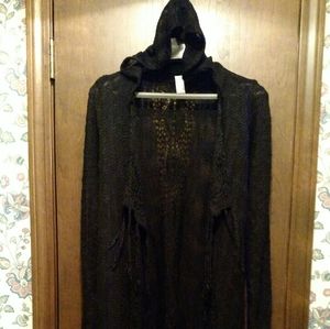 Black Hooded Fringe Cardigan